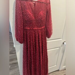 Red Long Sleeve Beaded Dress